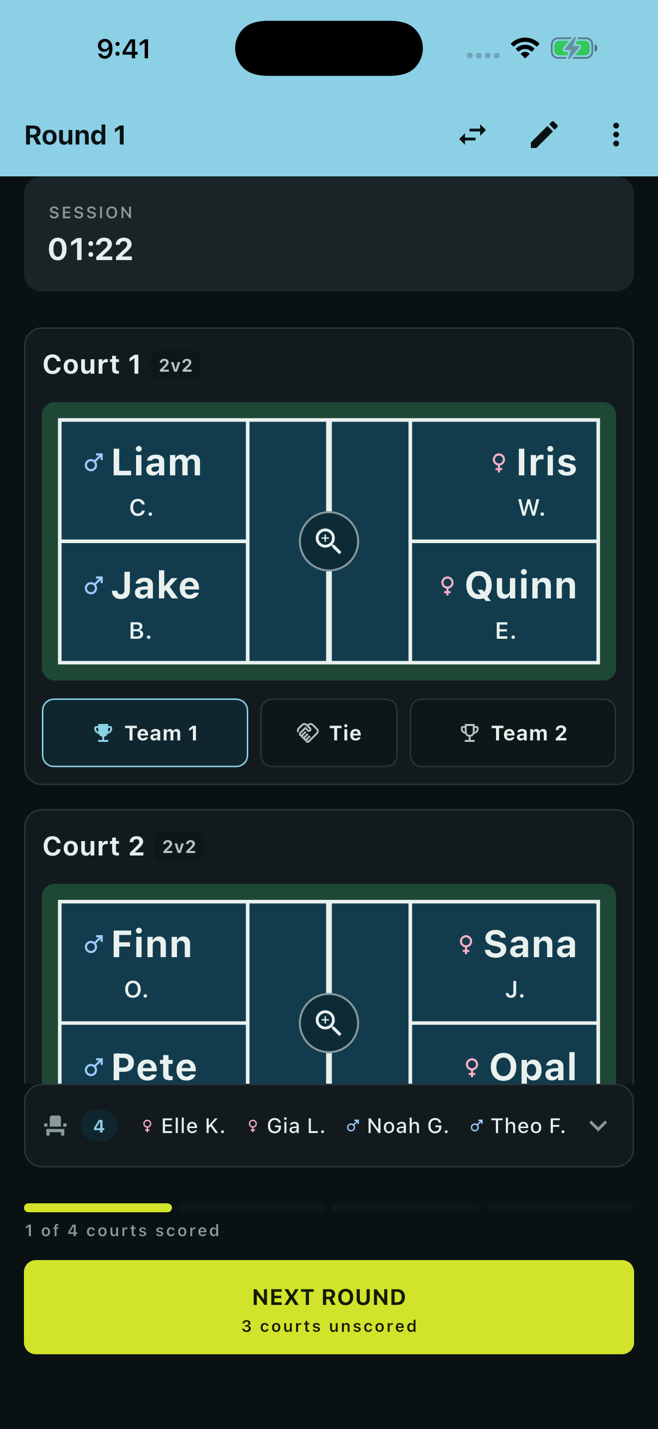 Pickleball Mixer - One tap: win, loss or tie